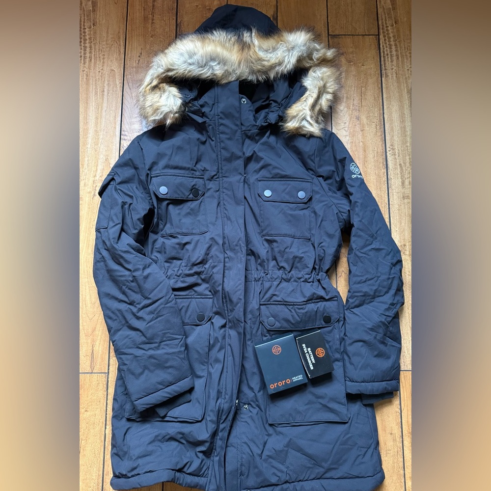 Heated Women's Black Snow Jacket with Faux Fur Hood - BNWT